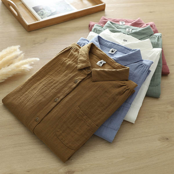 Venda direta do fabricante Camisa feminina de algodão puro de duas camadas Camisa feminina de algodão integral de primavera outono
