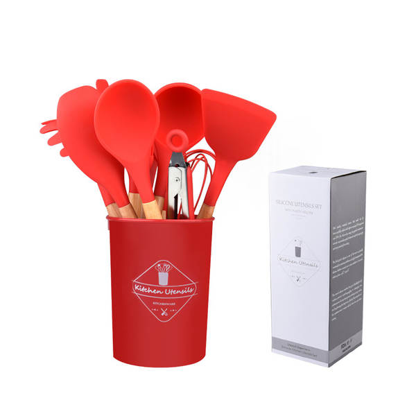 Conjunto de 12 Utensílios de Silício com Cabos de Madeira
