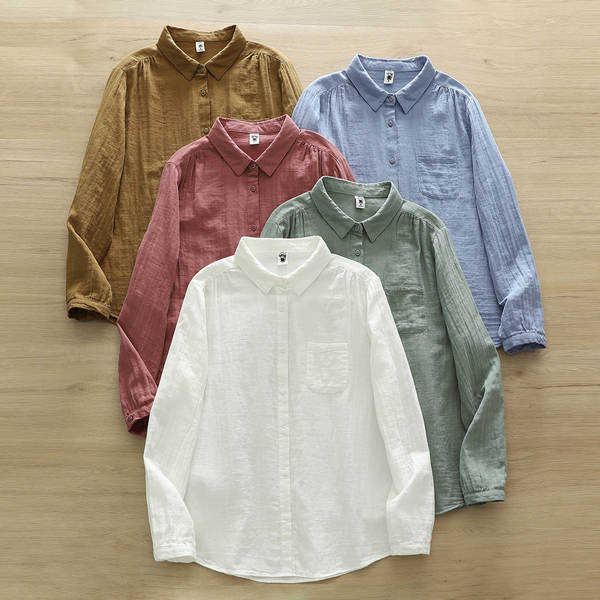 Venda direta do fabricante Camisa feminina de algodão puro de duas camadas Camisa feminina de algodão integral de primavera outono