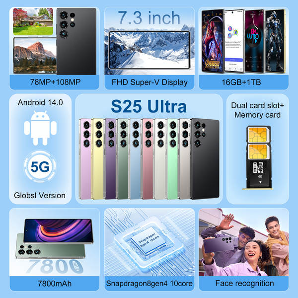 S25 Ultra Transfronteiriço Mobile Global Versão Real 4G Rede Perforada ecrã de 7,3 polegadas Introduzido 3+16g