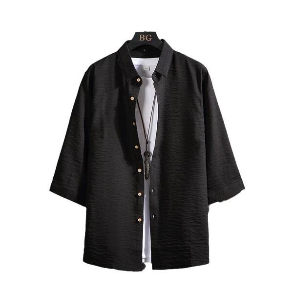 2024 primavera-verão novo modelo masculino de algodão de 7 mangas camisa jovem relaxado aumento de tamanho simples camisa de mangas curtas puro