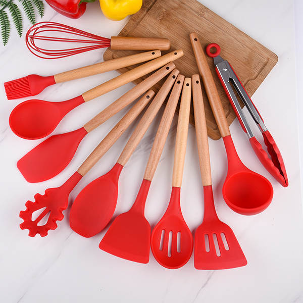 Conjunto de 12 Utensílios de Silício com Cabos de Madeira