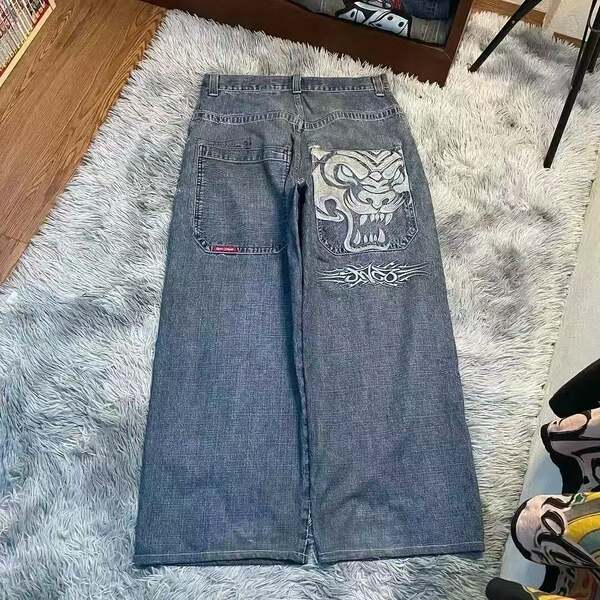 Transfronteiras JNCO Y2K Loose jeans masculino padrão hip-hop rua home homem calças largas