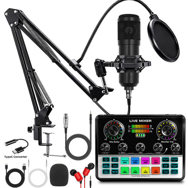 Cartão de som inglês F998 microfone V8S transfronteiriço placa de gravação de computador de transmissão ao vivo equipamento de podcast completo