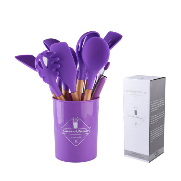 Conjunto de 12 Utensílios de Silício com Cabos de Madeira