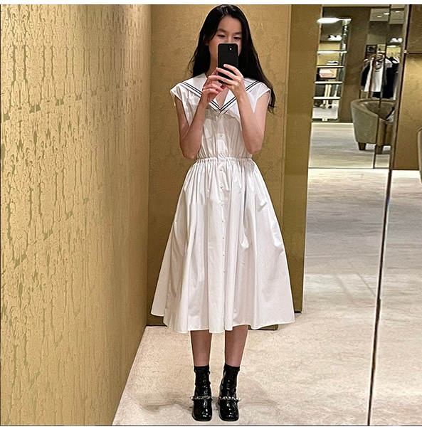 Vestido branco da Marinha sem mangas no calcanhar do colégio do estilo da garota doce do verão novo