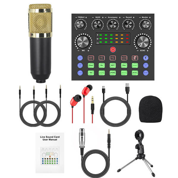 V8S cartão de som do celular Inglês kit de equipamentos de podcast bm800 microfone cantando celular F998 kit de transmissão ao vivo