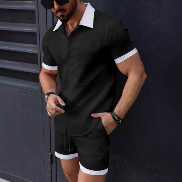 Transfronteiras 2025 Verão Novo Euro-Americano Homens Praia de lazer T-Shirt de pulseira curta + Suíte de calças