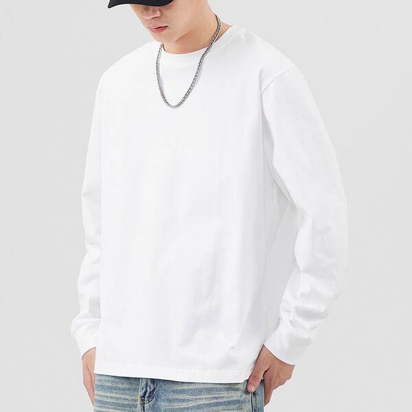 250 gramas peso peso pesado japonês solto algodão puro mangas compridas T-shirt masculino e feminino estilo sem costura colar branco T-shirt