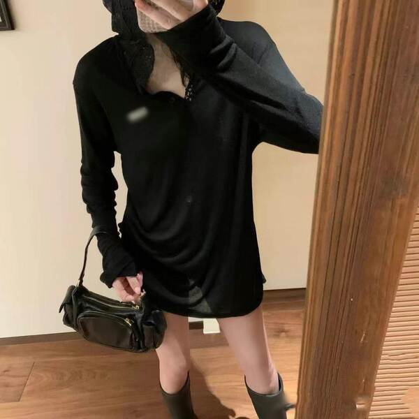 Shenzhen South Oil High-End Original Single MIU Casa 24 Inverno Novo T-Shirt com chapéu de mangas longas