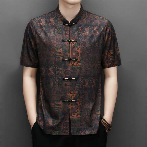 2026 verão velho homem chinês pai vestido de chinês velho de mãos curtas homem vestido de estilo nacional camisa masculina