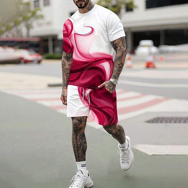 Homens Verão Novo Modelo Europeu-Americano Graduado 2 Peças Com 3D Impressão Digital Esporte Recreação Roda Redonda T-Shirt