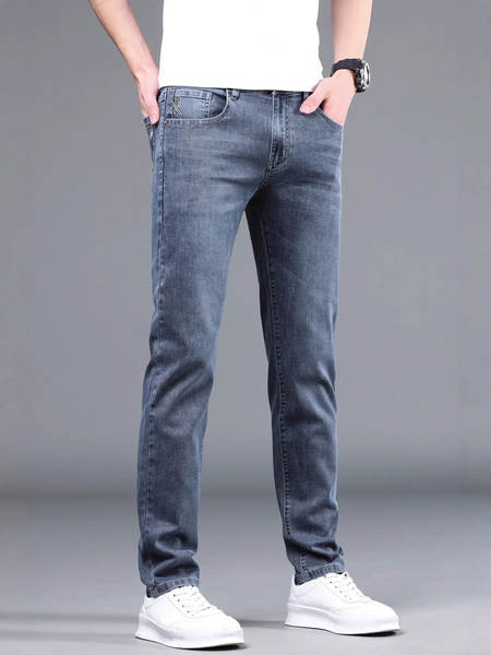 2026 Outono novo jeans masculino revestimento retangular elástico grosso modelo macio confortável masculino calças compridas