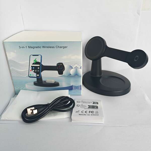 Novo modelo transfronteiriço de 15W imersão magnética de três em um carregador sem fio de mesa de carregamento rápido com suporte para fones de ouvido de relógio móvel