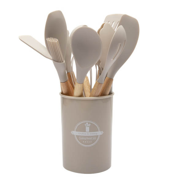 Conjunto de 12 Utensílios de Silício com Cabos de Madeira