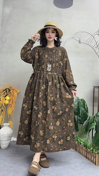 Vestido de manga longa em algodão e linho