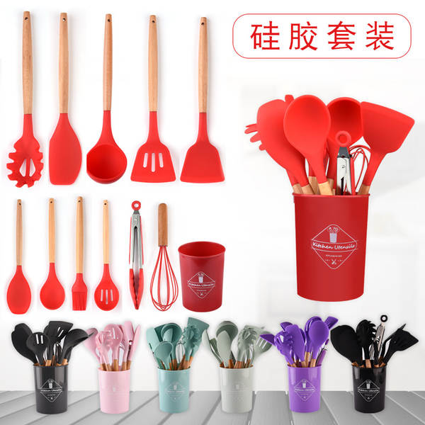 Conjunto de 12 Utensílios de Silício com Cabos de Madeira