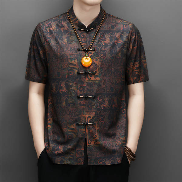 2026 verão velho homem chinês pai vestido de chinês velho de mãos curtas homem vestido de estilo nacional camisa masculina