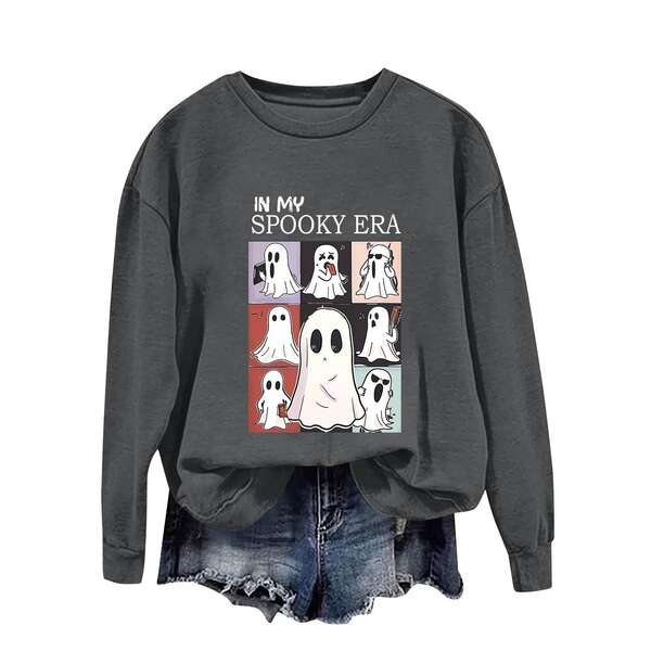 T-shirt feminino de Halloween bonito fantasma padrão de mangas compridas T-shirt de outono horrível