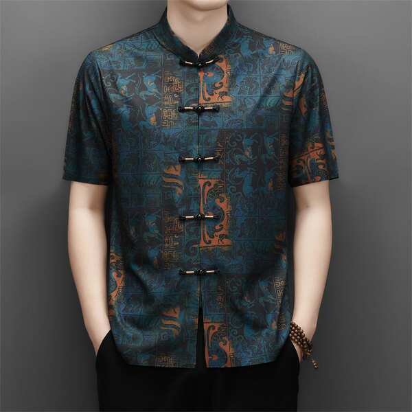 2026 verão velho homem chinês pai vestido de chinês velho de mãos curtas homem vestido de estilo nacional camisa masculina