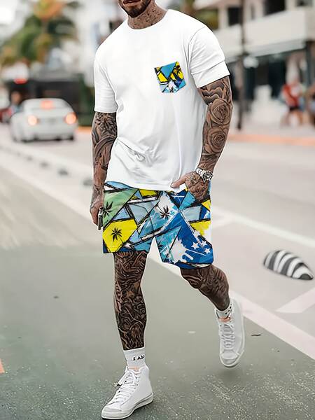 Homens Verão Novo Modelo Europeu-Americano Graduado 2 Peças Com 3D Impressão Digital Esporte Recreação Roda Redonda T-Shirt