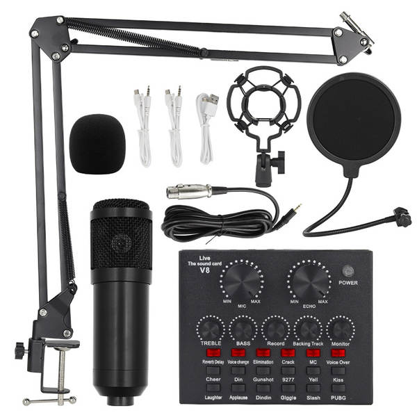 Transfronteiriço V8 Inglês de transmissão ao vivo da placa de som bm800 microfone bater de braço do telefone celular kit de cartão de voz podcast completo
