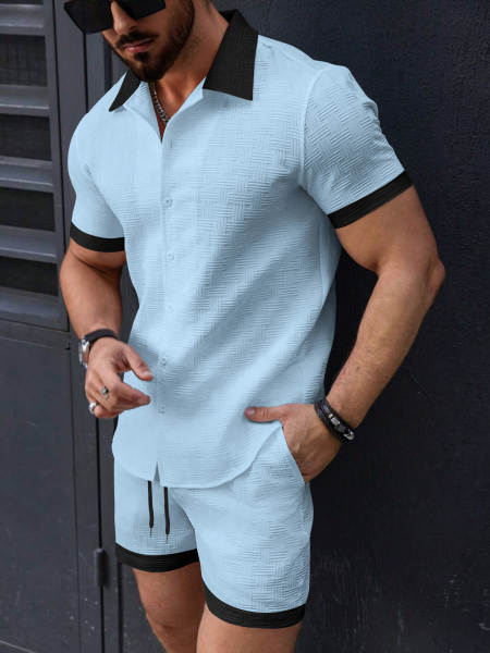 Transfronteiras 2025 Verão Novo Euro-Americano Homens Praia de lazer T-Shirt de pulseira curta + Suíte de calças