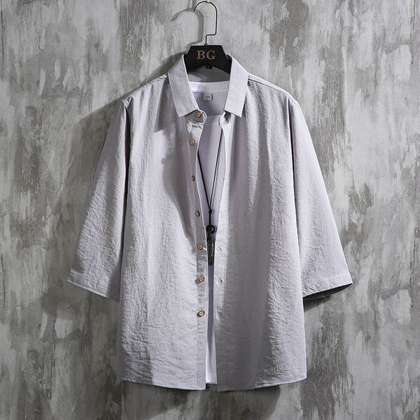 2024 primavera-verão novo modelo masculino de algodão de 7 mangas camisa jovem relaxado aumento de tamanho simples camisa de mangas curtas puro