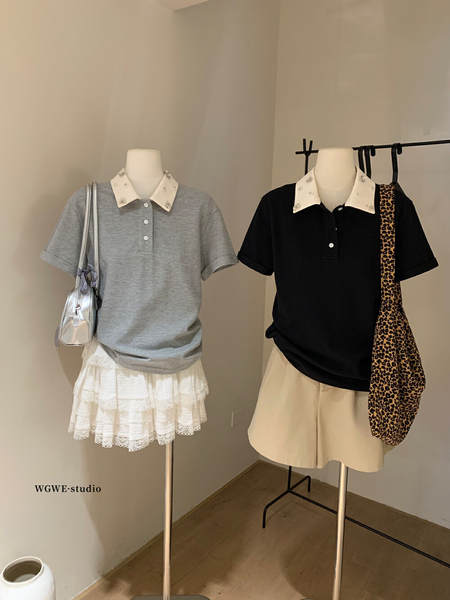 WGWE Faculdade de High-Science MIU Faculdade de moda de mangas de mão POLO Lider de mangas curtas T-Shirt W5856
