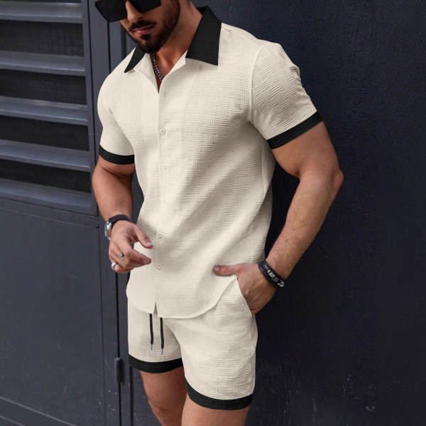 Transfronteiras 2025 Verão Novo Euro-Americano Homens Praia de lazer T-Shirt de pulseira curta + Suíte de calças