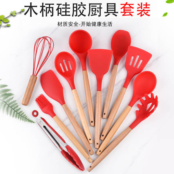 Conjunto de 12 Utensílios de Silício com Cabos de Madeira