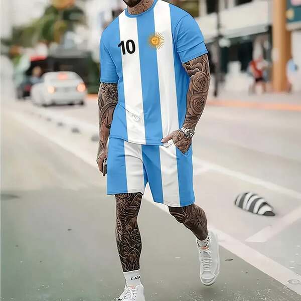 Homens Verão Novo Modelo Europeu-Americano Graduado 2 Peças Com 3D Impressão Digital Esporte Recreação Roda Redonda T-Shirt
