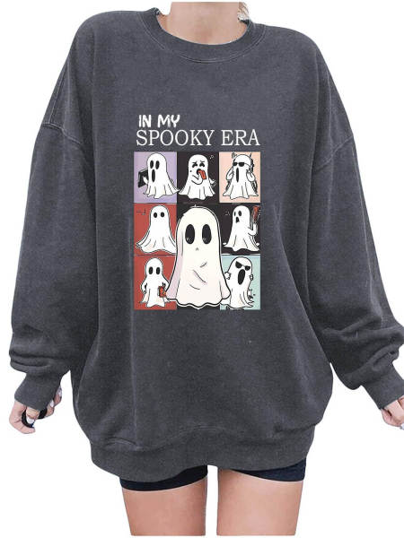 T-shirt feminino de Halloween bonito fantasma padrão de mangas compridas T-shirt de outono horrível