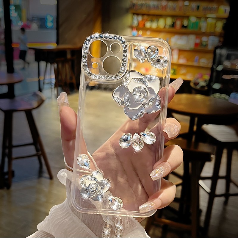 Aplicável à Apple 17promax telemóvel casca de água de luxo diamante flor de chá criativo iPhone16 novo conjunto transparente 15