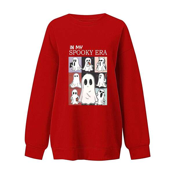 T-shirt feminino de Halloween bonito fantasma padrão de mangas compridas T-shirt de outono horrível