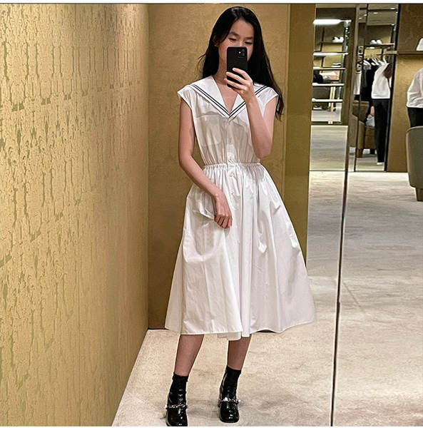 Vestido branco da Marinha sem mangas no calcanhar do colégio do estilo da garota doce do verão novo