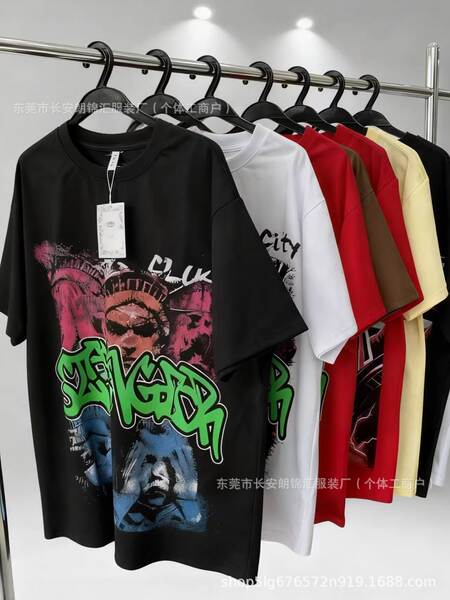 1688 T-shirt masculino de alta qualidade de atacado 400 gramas de impressão americana peso pesado de algodão puro mangas curtas com exportação de mercadorias suficiente