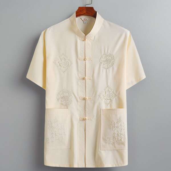 Camisa curta masculina de seda com dragão