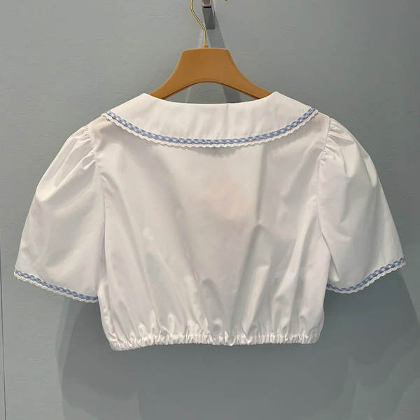 Miu Mu branco curta-metragem boneca colar colarinho doce camisa doce colar doce do verão 2024