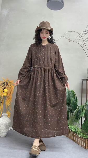 Vestido de manga longa em algodão e linho