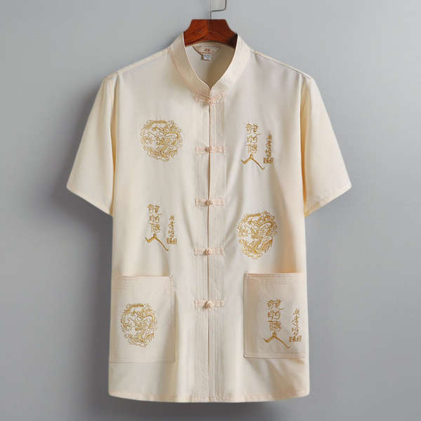 Camisa curta masculina de seda com dragão
