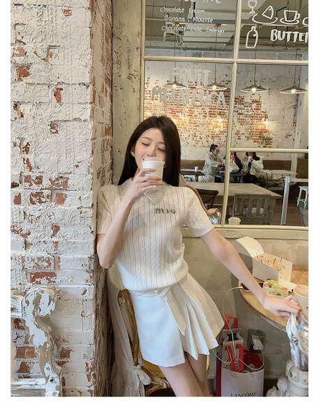 Listen doce oferta primavera miu casaco de boneca branco de mangas curtas de trabalho pesado T-shirt de borracha de verão