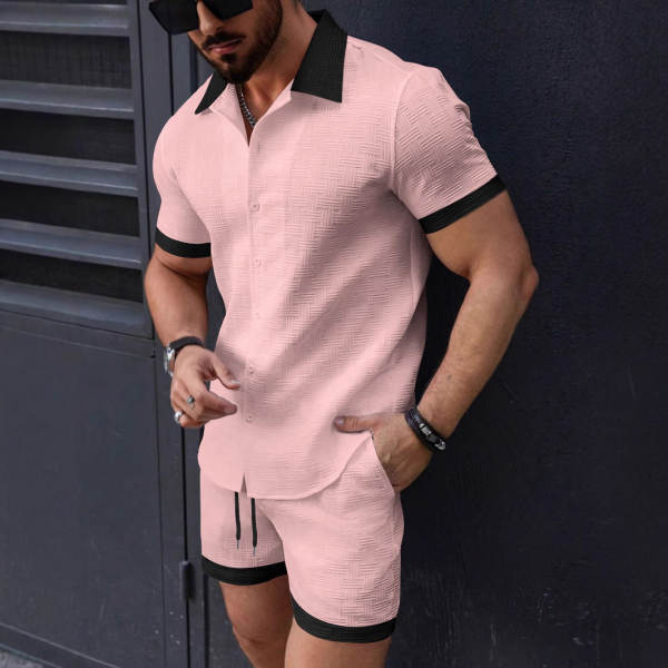 Transfronteiras 2025 Verão Novo Euro-Americano Homens Praia de lazer T-Shirt de pulseira curta + Suíte de calças