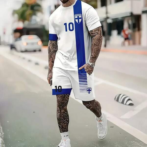 Homens Verão Novo Modelo Europeu-Americano Graduado 2 Peças Com 3D Impressão Digital Esporte Recreação Roda Redonda T-Shirt