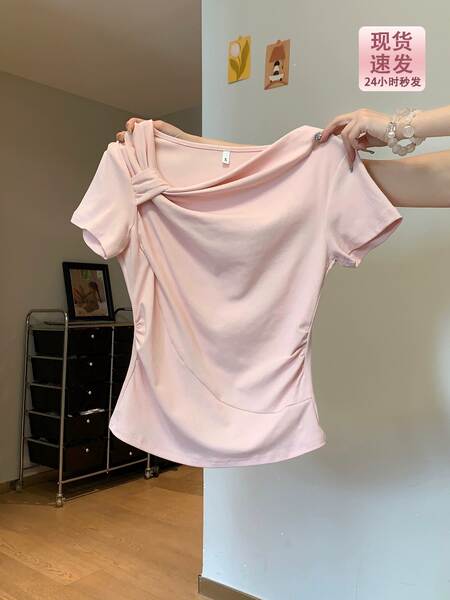 Camisa feminina rosa curta