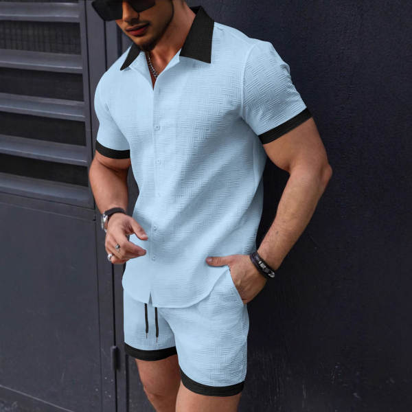 Transfronteiras 2025 Verão Novo Euro-Americano Homens Praia de lazer T-Shirt de pulseira curta + Suíte de calças
