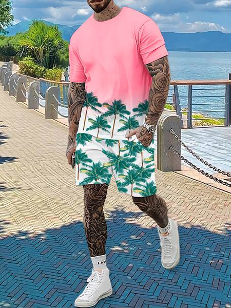 Homens Verão Novo Modelo Europeu-Americano Graduado 2 Peças Com 3D Impressão Digital Esporte Recreação Roda Redonda T-Shirt