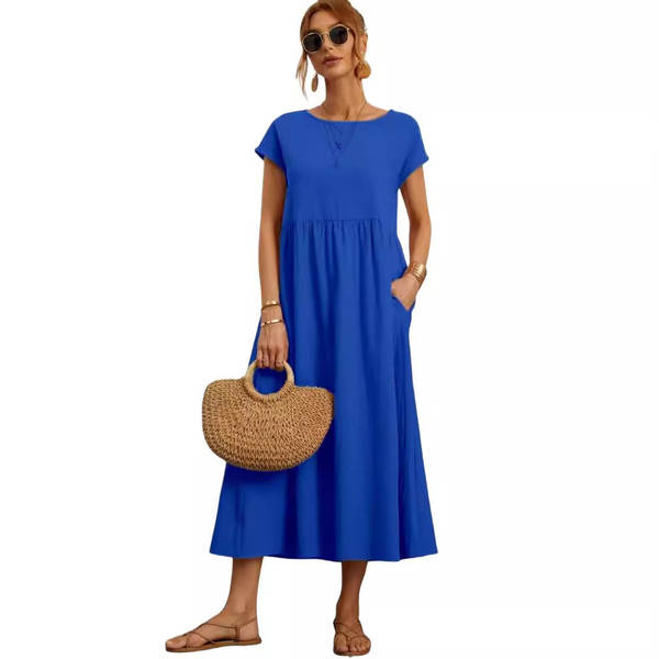 Vestido curto de manga com bolsos