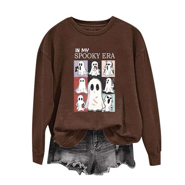 T-shirt feminino de Halloween bonito fantasma padrão de mangas compridas T-shirt de outono horrível