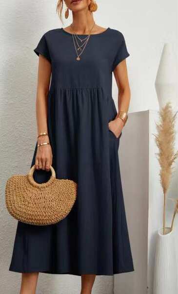 Vestido curto de manga com bolsos